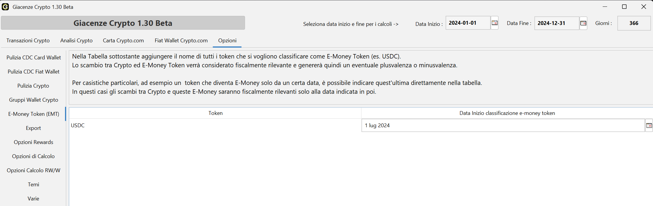 Tabella delle opzioni E-Money Token