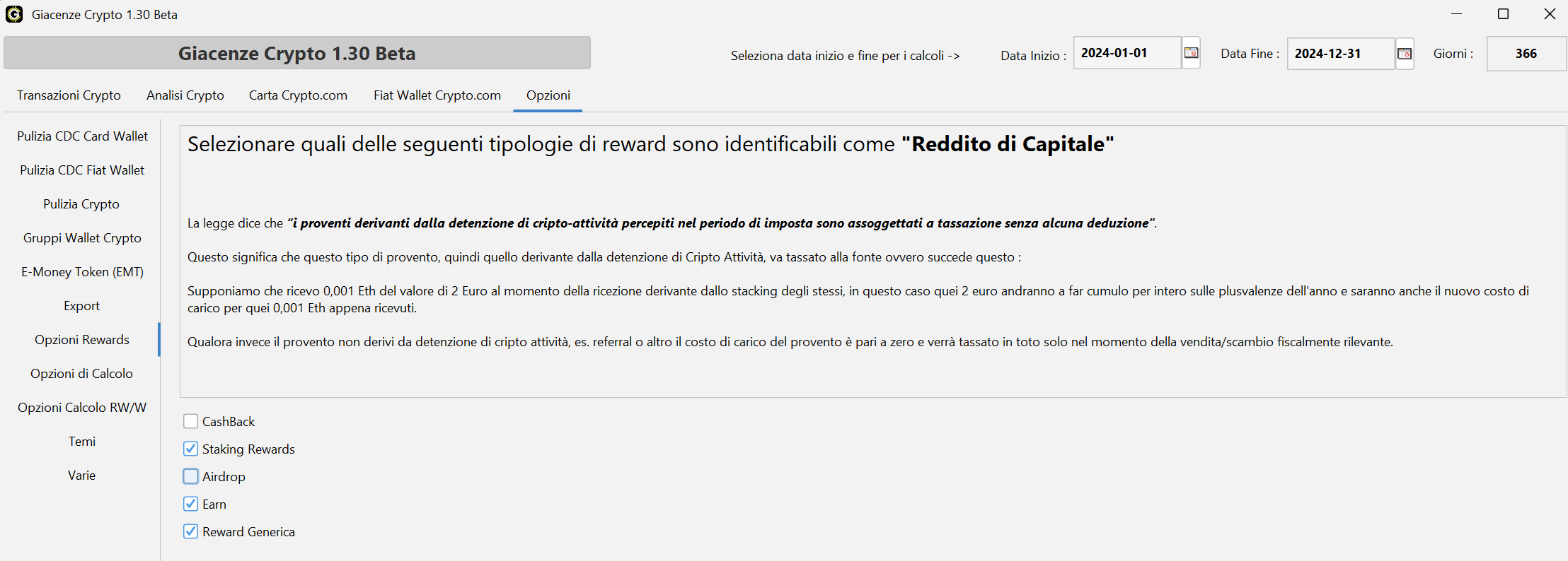 Tabella delle opzioni Rewards