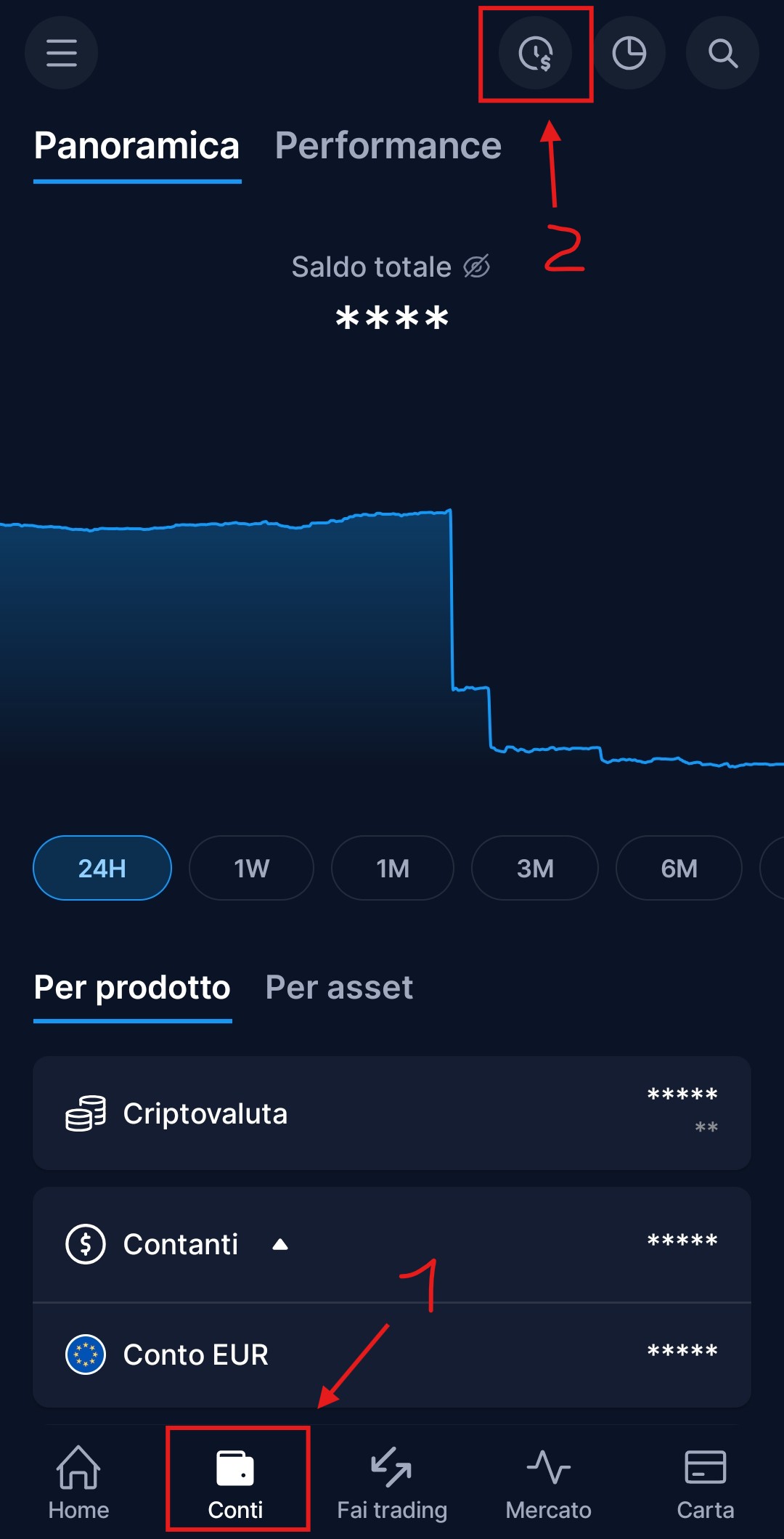 Sezione Conti dell'app