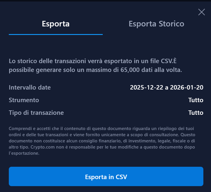 Finestra di esportazione