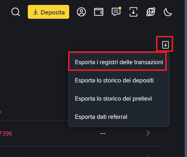 Esporta i registri delle transazioni