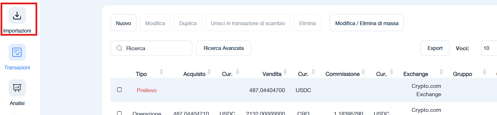 Importazione su CoinTracking