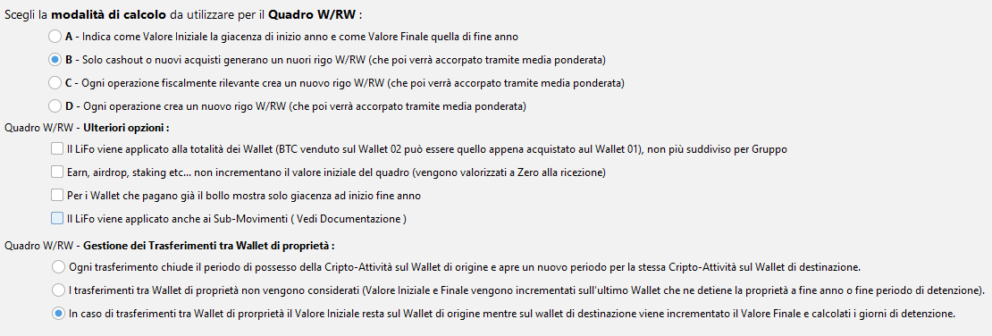 Le opzioni di calcolo del Quadro W/RW